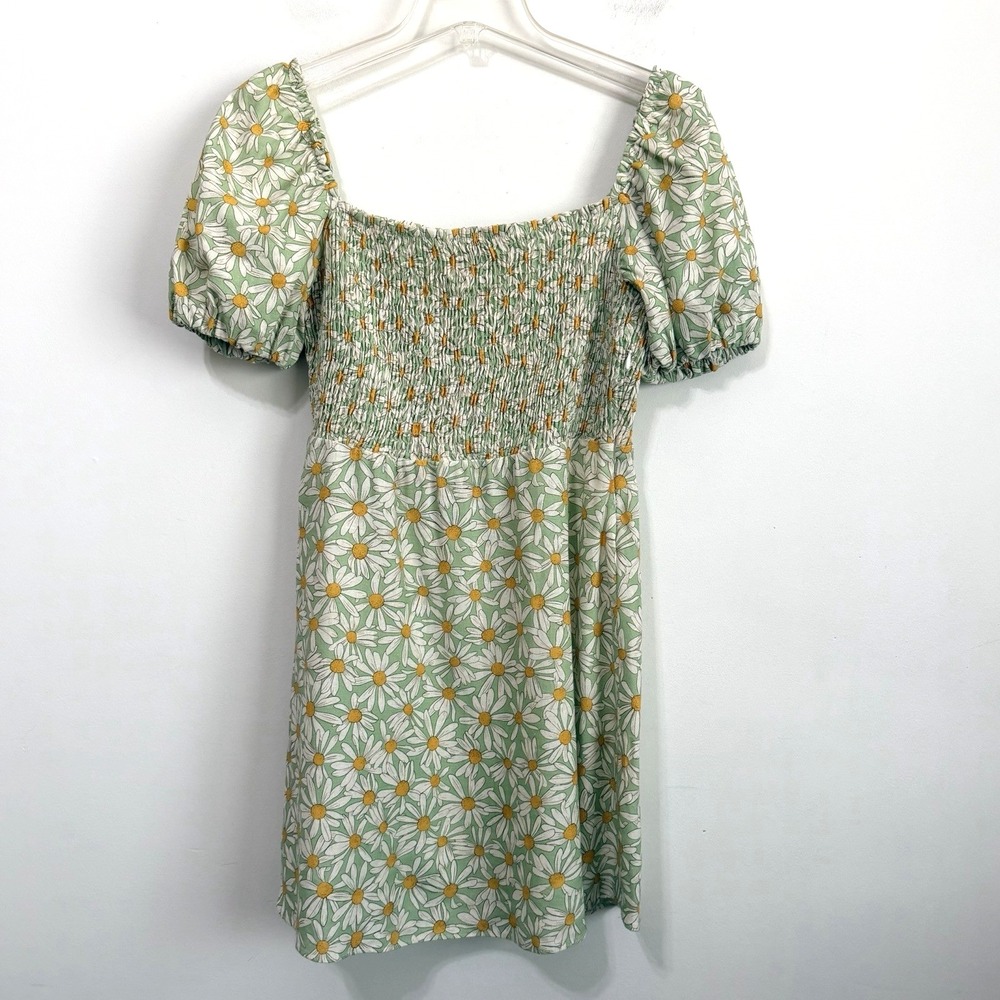Zara Square Neck Mini‎ Dress L Linen Blend Smocked Green Daisy Summer Party Boho